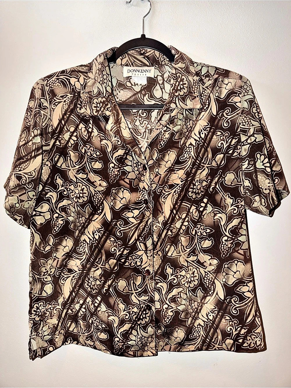 Vintage Donnkenny Short Sleeve Button Down Blouse Floral Paisley Brown Cream
